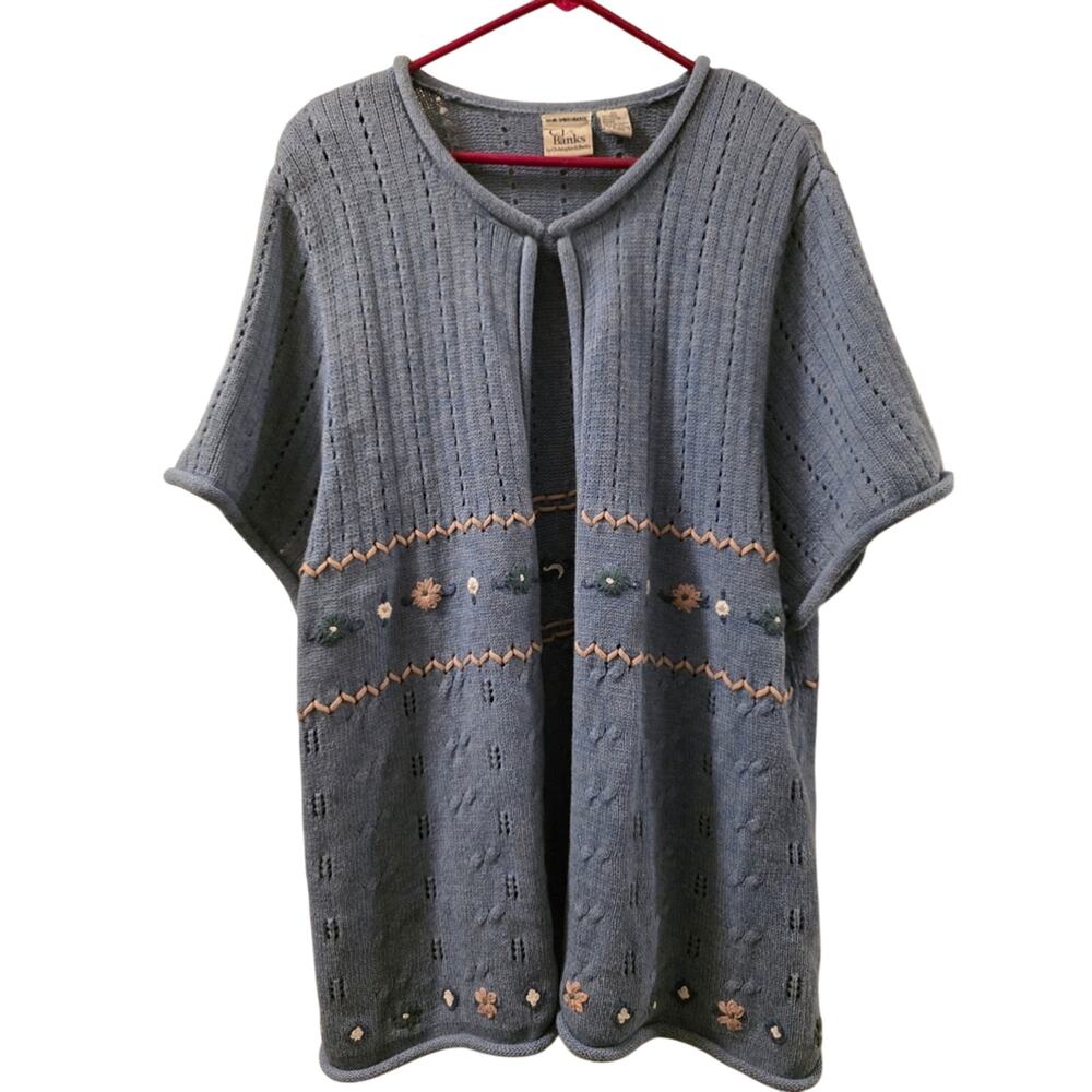 Vtg Floral 3D Hand Embroidered Short Sleeve Knit Sweater Cardigan Womens 2X Blue